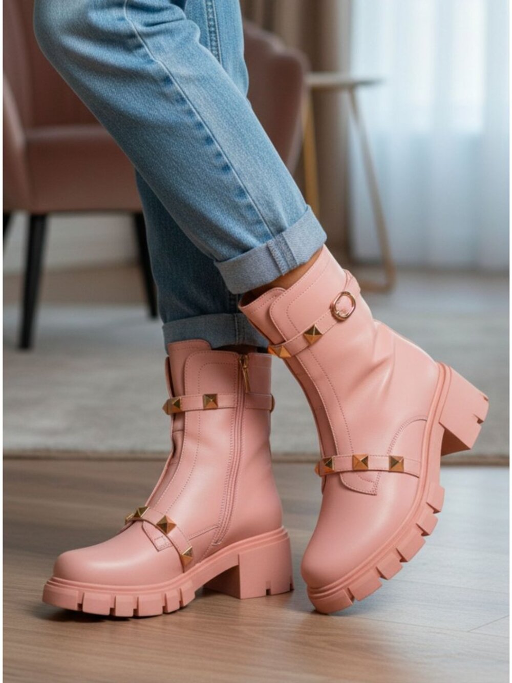 Pink Chunky Heel Ankle Boots With Gold Studded Straps & Side Zipper Closure For